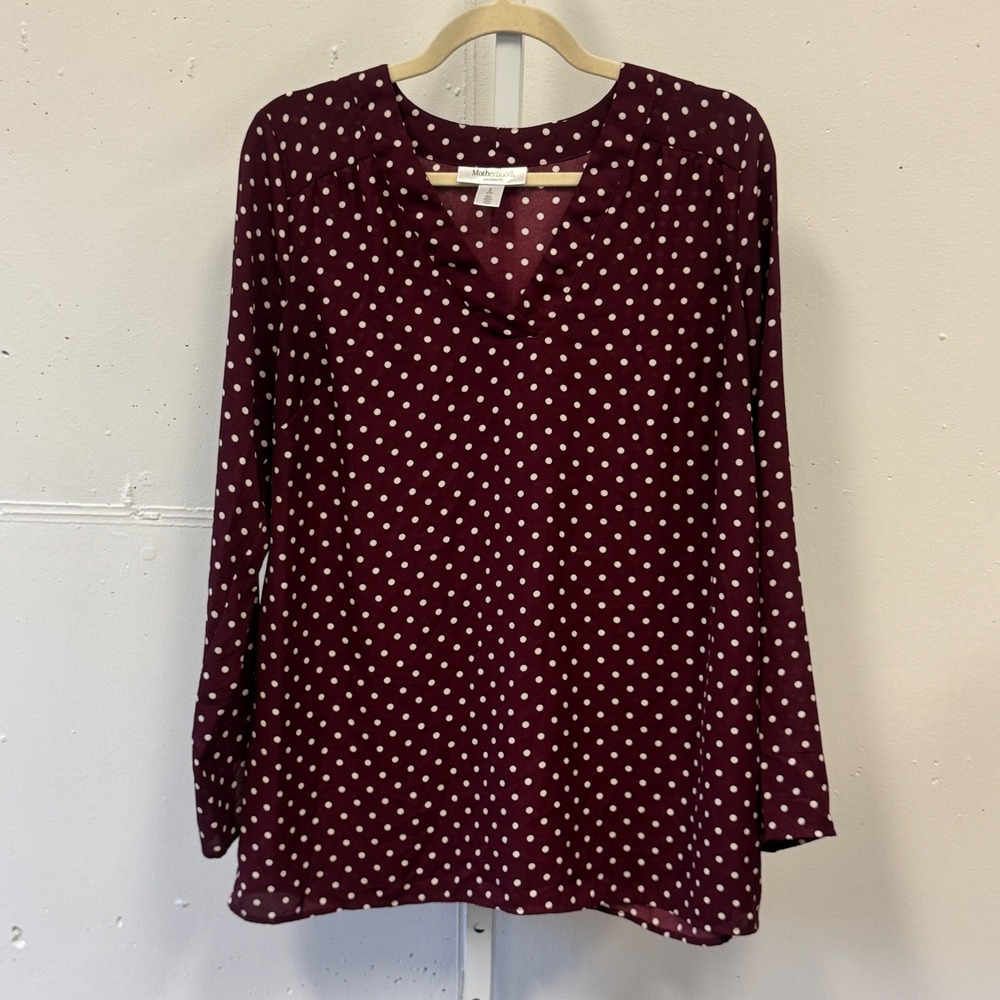 Motherhood Maternity Blouse Small Burgundy Polka Dot V-Neck Long Sleeve Top